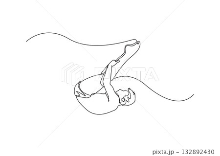 Single one line drawing man diving athlete executing flawless tuck position in somersault over the water, illustrating precision, fluid motion. Continuous line draw design graphic vector illustration 132892430