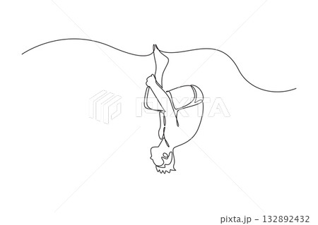 Single one line drawing man diving athlete executing flawless tuck position in somersault just as he enters the water, precision, fluid motion. Continuous line draw design graphic vector illustration 132892432