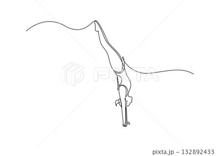 Single one line drawing woman diving athlete is entering the water headfirst in clean, vertical pike position, illustrating precision and grace. Continuous line draw design graphic vector illustration Single one line drawing woman diving athlete is entering the water headfirst in clean, vertical pike position, illustrating precision and grace. Continuous line draw design graphic vector illustration 132892433