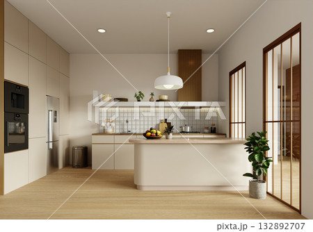 Sustainable kitchen concept with modern layout and natural materials. 3D render illustration Sustainable kitchen concept with modern layout and natural materials. 3D render illustration 132892707