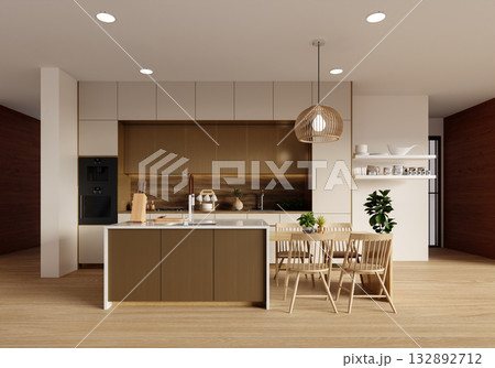 Sustainable kitchen design featuring elegant wood finishes. 3D render illustration 132892712
