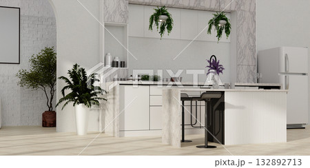 Sustainable kitchen space with modern furnishings and abundant greenery. 3D render illustration Sustainable kitchen space with modern furnishings and abundant greenery. 3D render illustration 132892713