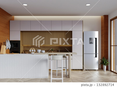 Sustainable kitchen with innovative design and energy-efficient appliances. 3D render illustration 132892714