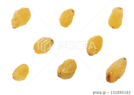 Set of yellow raisins isolated on white background 132893183
