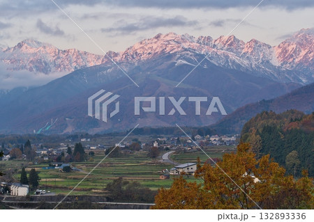 白馬、五竜岳・唐松岳のモルゲンロートと三段紅葉 132893336