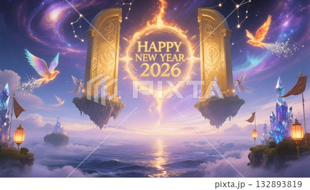 Celestial Gateway with Birds and Crystals for Happy New Year 2026 clouds 132893819