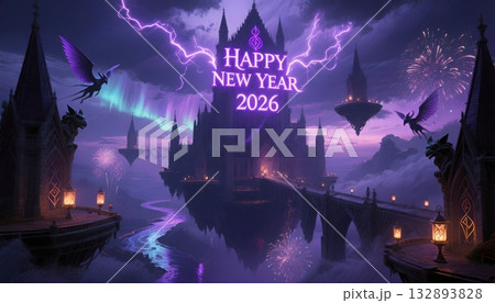 Dark Fantasy Castle Happy New Year 2026 Purple Aurora floating island Dark Fantasy Castle Happy New Year 2026 Purple Aurora floating island 132893828