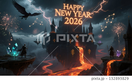 Dark fantasy New Year 2026 with dragon castle and lava river image photo 132893829