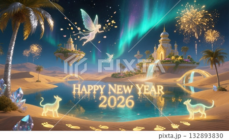 Desert Oasis Happy New Year 2026 Aurora Sky Fireworks image photo Desert Oasis Happy New Year 2026 Aurora Sky Fireworks image photo 132893830