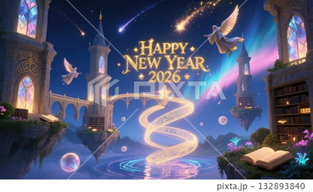 Enchanted Floating Castle With Angels And Aurora For Happy New Year 2026 fantasy 132893840