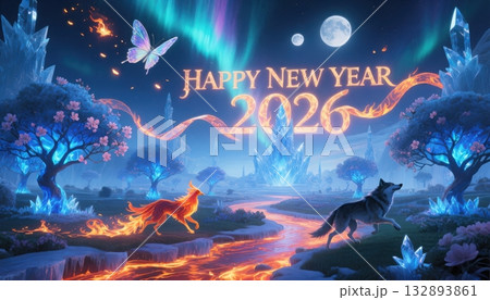 Fantasy New Year 2026 landscape with aurora and mythical creatures aurora borealis 132893861