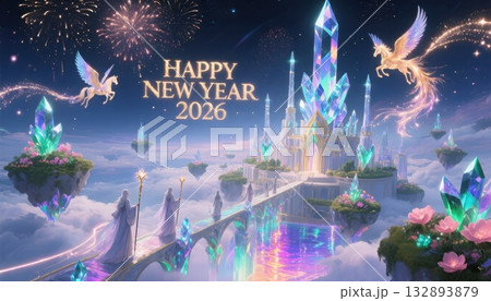Happy New Year 2026 crystal castle with pegasi and fireworks fantasy pegasus Happy New Year 2026 crystal castle with pegasi and fireworks fantasy pegasus 132893879