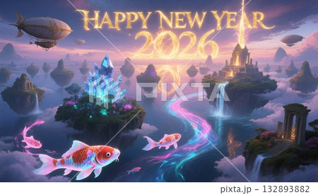Happy New Year 2026 floating islands with koi fish and airships fantasy landscape 132893882