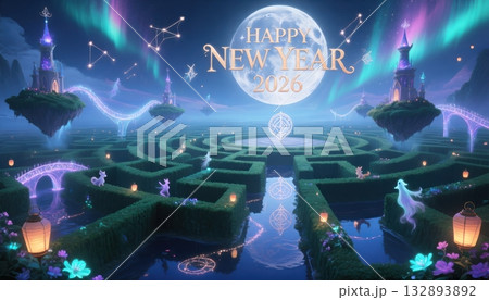 Magical floating castles and maze under aurora borealis for New Year 2026 floating island 132893892