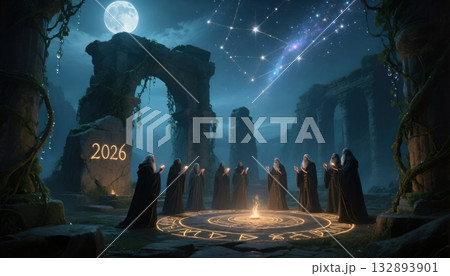 Mystical Circle Ritual Under Moonlit Sky with...のイラスト素材 [132893901] - PIXTA