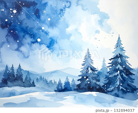 【雪降る静かなる夜】淡いトーンで描かれた雪景色の背景、クリスマスシーズンにぴったりの癒やしのアート 132894037