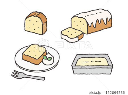パウンドケーキの手描きイラストセット パウンドケーキの手描きイラストセット 132894286