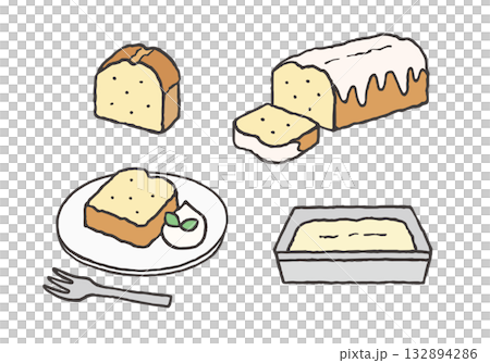 パウンドケーキの手描きイラストセット パウンドケーキの手描きイラストセット 132894286