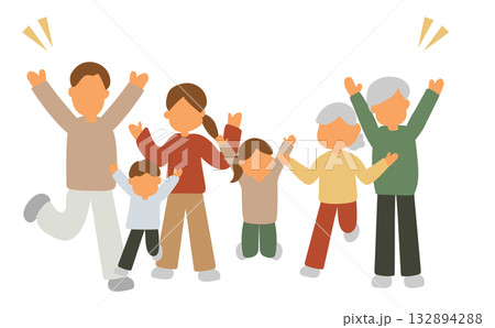ジャンプをする明るい三世代家族 ジャンプをする明るい三世代家族 132894288