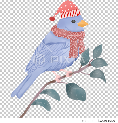 A charming illustration of a blue bird perched on a branch, wearing a warm winter scarf and a cozy hat. 132894539