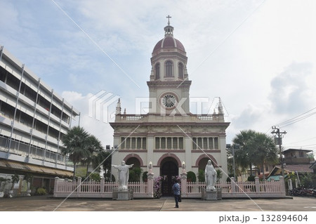 Asian elder woman standing front of Santa Cruz church ancient community of Portuguese Christian travel location in Thailand Asian elder woman standing front of Santa Cruz church ancient community of Portuguese Christian travel location in Thailand 132894604