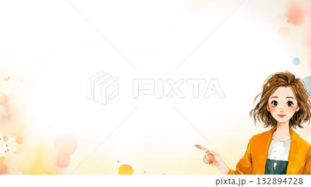 水彩タッチで描かれた柔らかな資料用背景画像と、指差しで案内をする女性キャラクター 水彩タッチで描かれた柔らかな資料用背景画像と、指差しで案内をする女性キャラクター 132894728