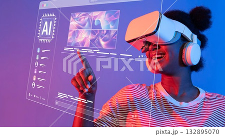 Enthusiastic Person Engaging with Virtual Reality Technology and AI Interface Against a Colorful Background in a Modern Digital Environment. Raster Enthusiastic Person Engaging with Virtual Reality Technology and AI Interface Against a Colorful Background in a Modern Digital Environment. Raster 132895070