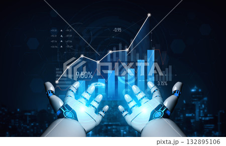 Futuristic Concept of Data Analysis with Robotic Hands Holding Graphs and Statistics in a Digital Environment for Technology and Innovation Themes Scalp 132895106