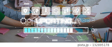 Collaborative teamwork in a modern workspace with hands on a table engaging in brainstorming and planning process with digital overlay Trope 132895178