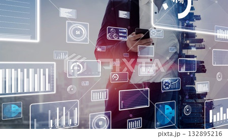 Business professional using smartphone with various digital data and analytics visualizations in modern urban setting for technology and innovation themes xenic 132895216
