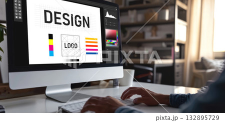 Graphic designer software for modern design of web page and commercial brisk ads 132895729