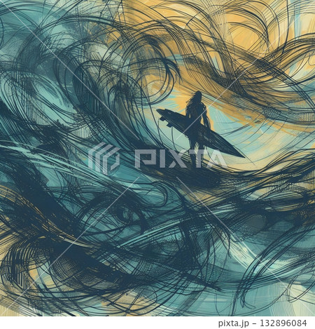 Dynamic Abstract Illustration of a Surfer Riding Powerful Ocean Waves in Artistic Motion with Generative AI. 132896084