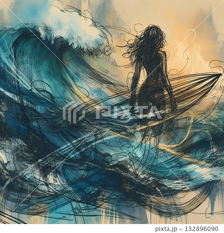 Dynamic Abstract Illustration of a Surfer Riding Powerful Ocean Waves in Artistic Motion with Generative AI. Dynamic Abstract Illustration of a Surfer Riding Powerful Ocean Waves in Artistic Motion with Generative AI. 132896090