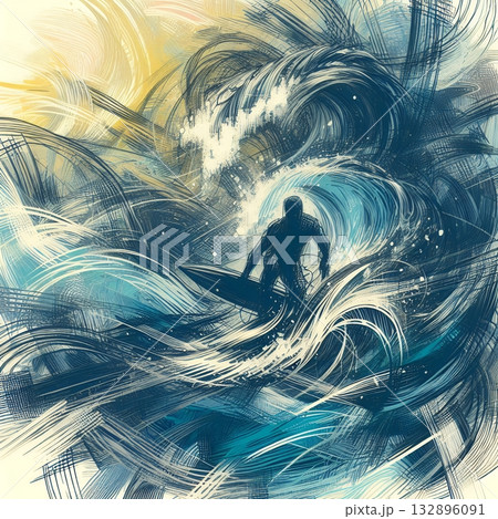Dynamic Abstract Illustration of a Surfer Riding Powerful Ocean Waves in Artistic Motion with Generative AI. 132896091
