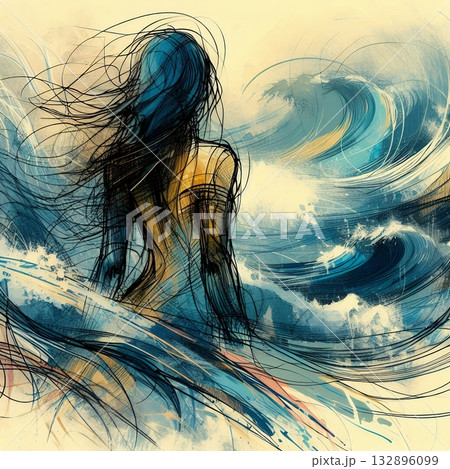 Dynamic Abstract Illustration of a Surfer Riding Powerful Ocean Waves in Artistic Motion with Generative AI. 132896099