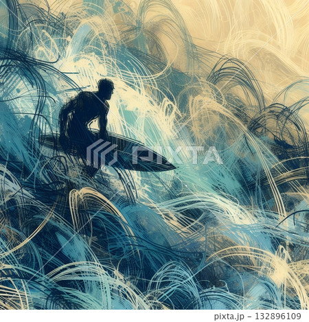 Dynamic Abstract Illustration of a Surfer Riding Powerful Ocean Waves in Artistic Motion with Generative AI. 132896109