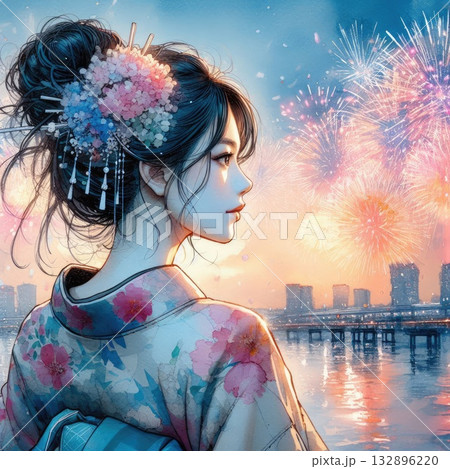Dreamy Fireworks Night with Floral Kimono and Cityscape with Generative AI. Dreamy Fireworks Night with Floral Kimono and Cityscape with Generative AI. 132896220