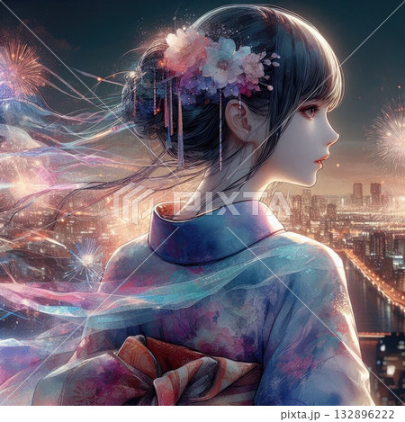 Dreamy Fireworks Night with Floral Kimono and Cityscape with Generative AI. 132896222