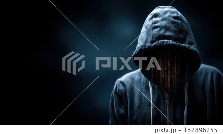Hooded figure with digital face in dark...のイラスト素材 [132896255] - PIXTA