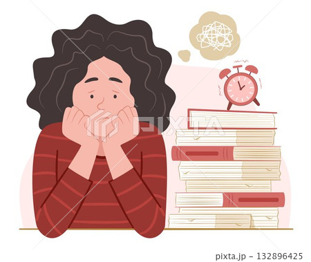 Freelancer Woman Burnout and Confused with Stack of Lot of Document Files for Overload Working and Overburdened Concept Illustration Freelancer Woman Burnout and Confused with Stack of Lot of Document Files for Overload Working and Overburdened Concept Illustration 132896425