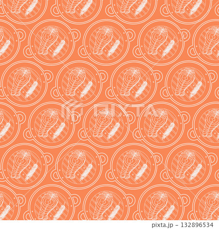 Red Fish Steak with Rosemary and Peppercorn on Grill Pan with Grate Seamless Pattern White on Color 132896534