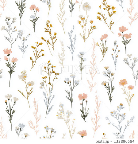 繊細な野花と草木の手描きシームレスパターン 132896584