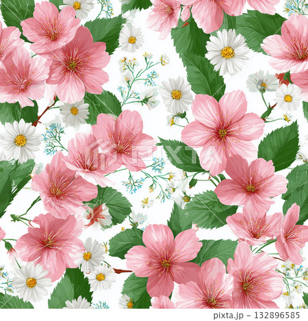 ピンクと白い花の華麗なシームレスパターン 132896585