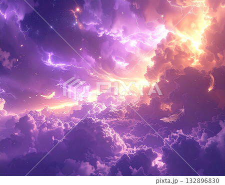 紫と黄金に染まる荘厳な積乱雲と神々しい光と羽根が舞う天空の景色 132896830