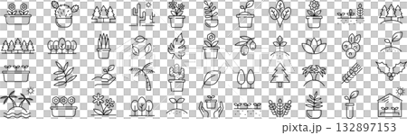 Vector monochrome line icon set about plants 132897153