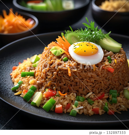 fried rice with chicken and vegetables fried rice with chicken and vegetables 132897333