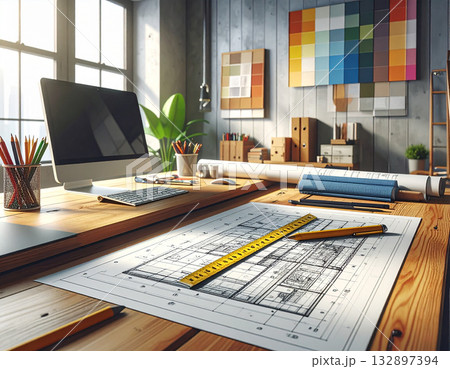 オフィスのデスクに設計図とカラフルなカラーチャートが広がるビジネス風景 132897394