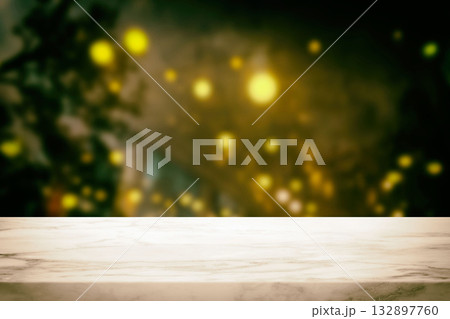 Empty white marble table with a blurred magical firefly forest background. 132897760