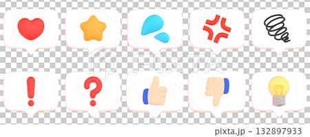 3DCG icons of square speech bubbles that express various reactions. Illustrations of puffy speech bubble stamps 132897933