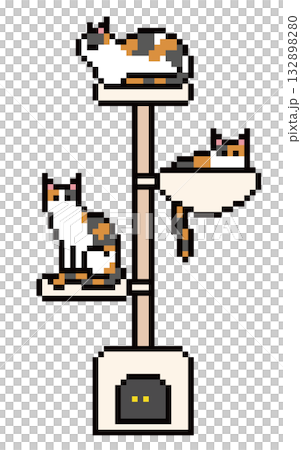 Pixel art of a calico cat on a cat tower Pixel art of a calico cat on a cat tower 132898280
